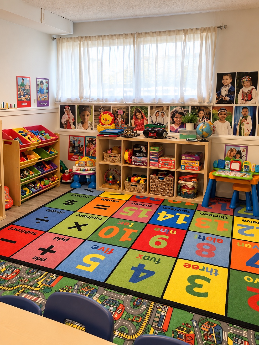 Bright daycare playroom with toy shelves and a colorful number rug