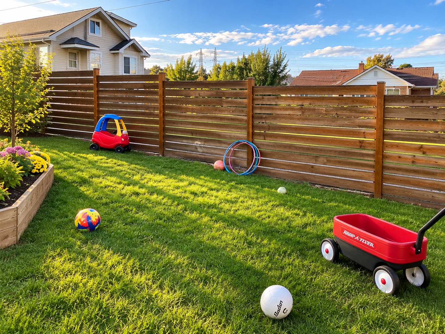 Grassy fenced outdoor play area with a wagon, balls, and a ride-on toy