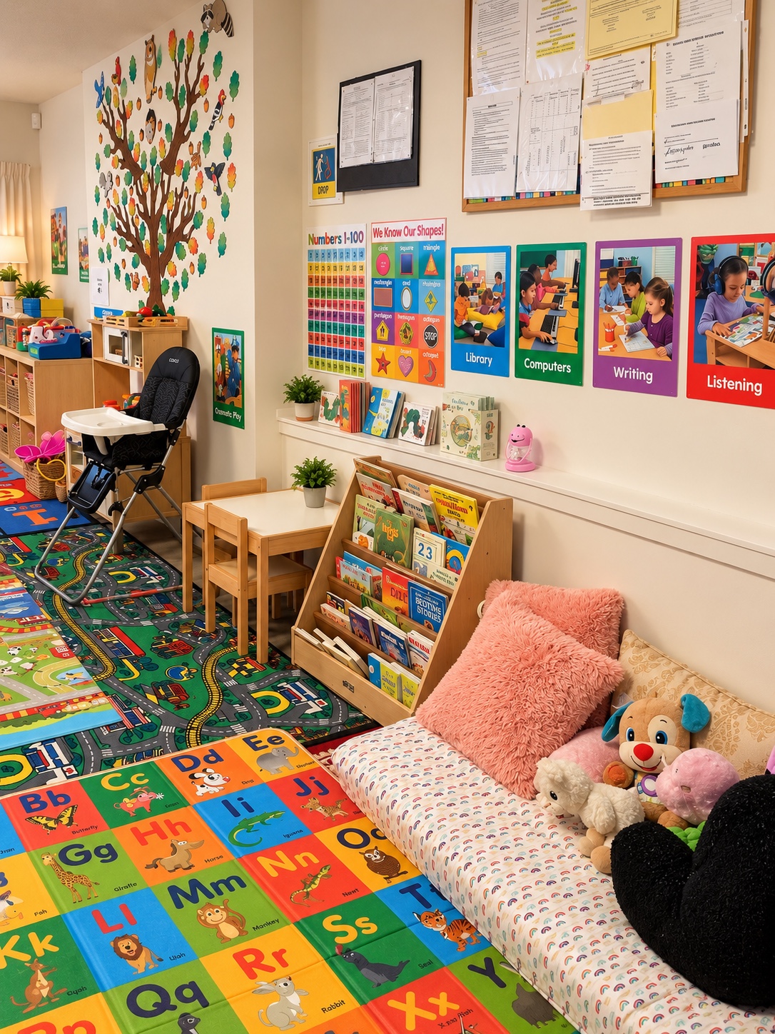 Daycare reading nook with books, cushions, and soft toys