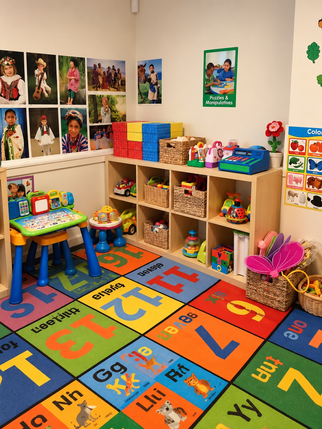 Toy shelves, activity tables, and a colorful alphabet rug